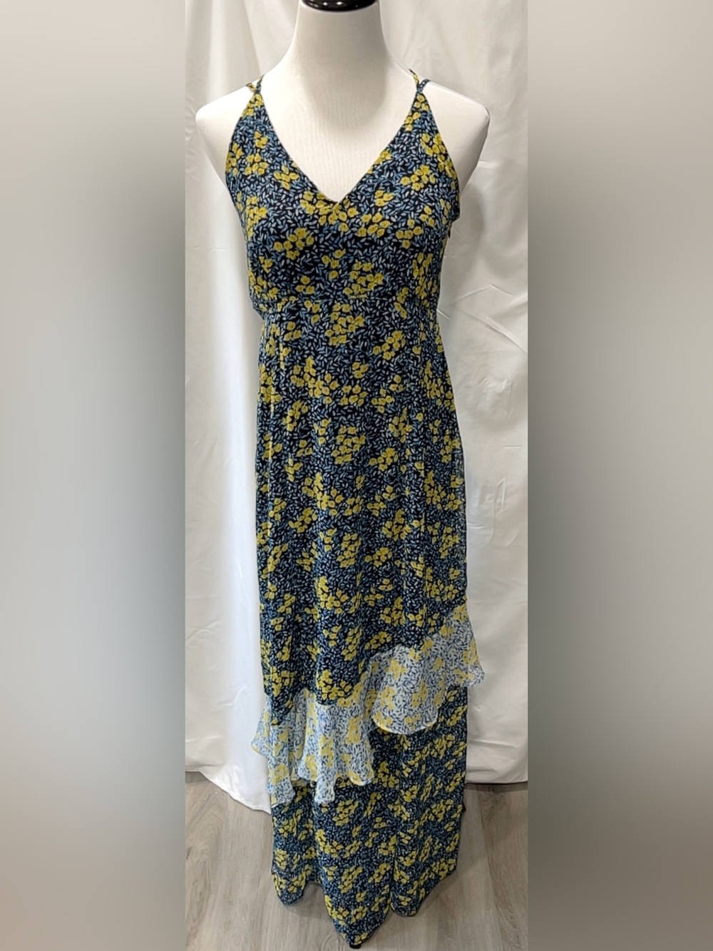 A Pea in the Pod Maternity Floral Maxi Dress Sleeveless Ruffle Hem Size Small